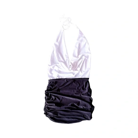 Roma Two Tone Low Cowl Neck Ruched Halter Mini Dress, Black and White, Size S/M - Picture 10 of 12